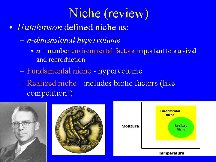Niche (review) • Hutchinson defined niche as: – n-dimensional hypervolume • n = number