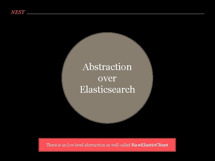 NEST Abstraction over Elasticsearch There is an low level abstraction as well called Raw.