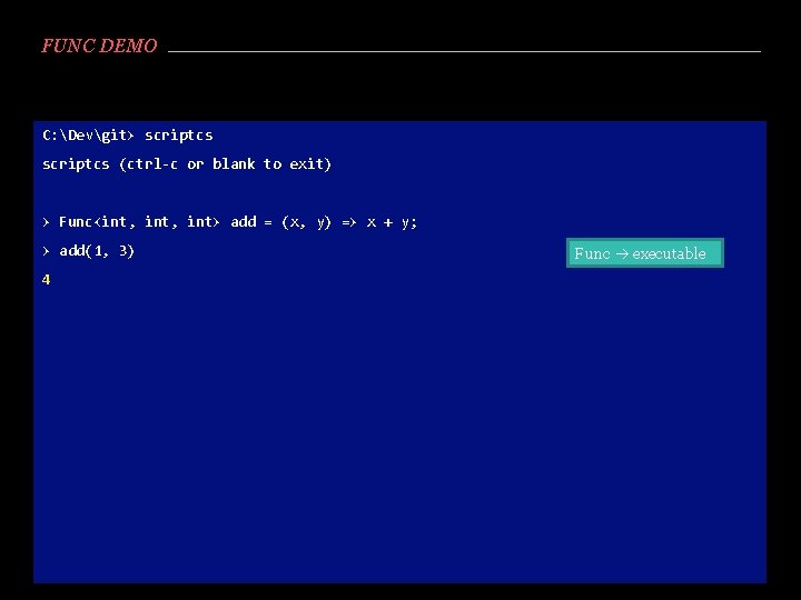 FUNC DEMO C: Devgit> scriptcs (ctrl-c or blank to exit) > Func<int, int> add