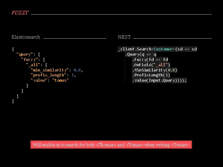 FUZZY Elasticsearch NEST { _client. Search<Customer>(sd => sd. Query(q => q. Fuzzy(fd => fd.