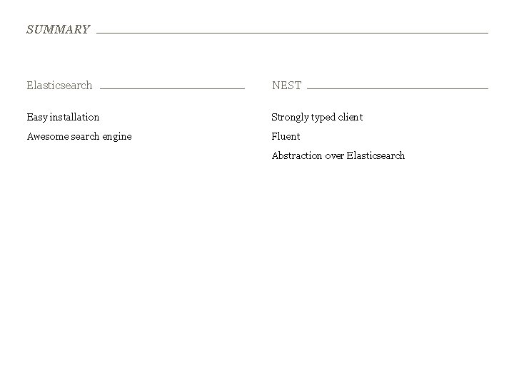 SUMMARY Elasticsearch NEST Easy installation Strongly typed client Awesome search engine Fluent Abstraction over