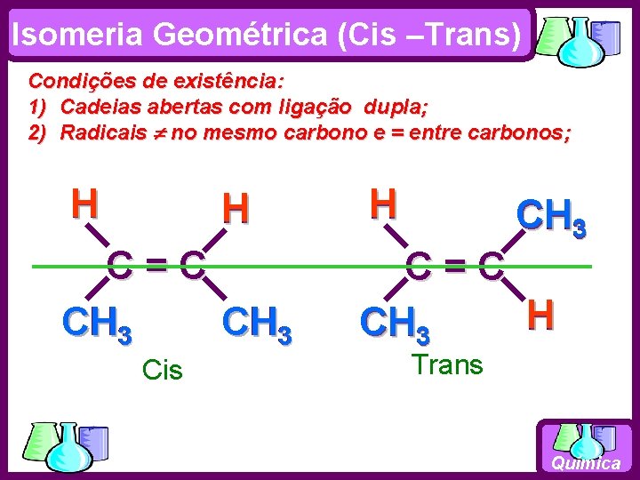 Isomeria Geométrica (Cis –Trans) Condições de existência: 1) Cadeias abertas com ligação dupla; 2)