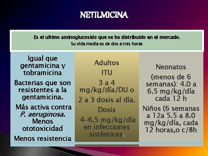 NETILMICINA Es el ultimo aminoglucosido que se ha distribuido en el mercado. Su vida