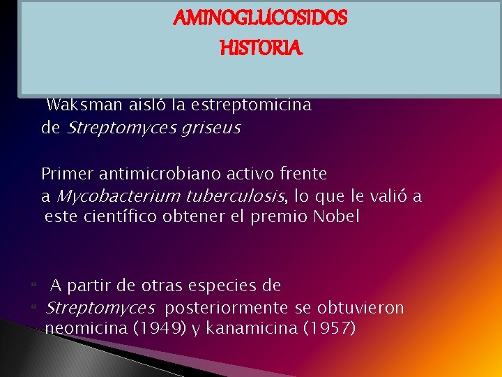 AMINOGLUCOSIDOS HISTORIA Introducidos en la clínica en 1943 Waksman aisló la estreptomicina de Streptomyces