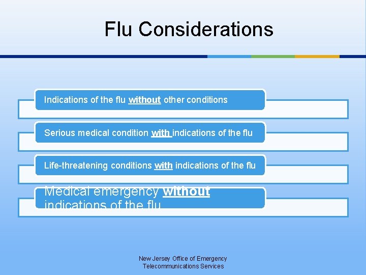 Flu Considerations Indications of the flu without other conditions Serious medical condition with indications