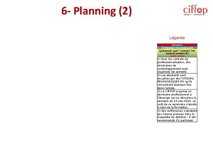 6 - Planning (2) Légende Obligatoire Fortement recommandé Optionnel sauf Contrats Pro SAMEDI DIMANCHE