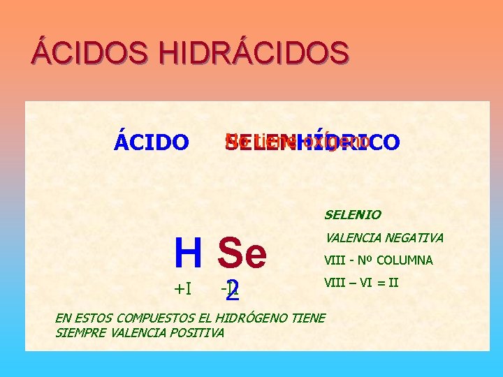 ÁCIDOS HIDRÁCIDOS ÁCIDO No tiene oxígeno SELENHÍDRICO SELENIO H Se +I 2 -II VALENCIA