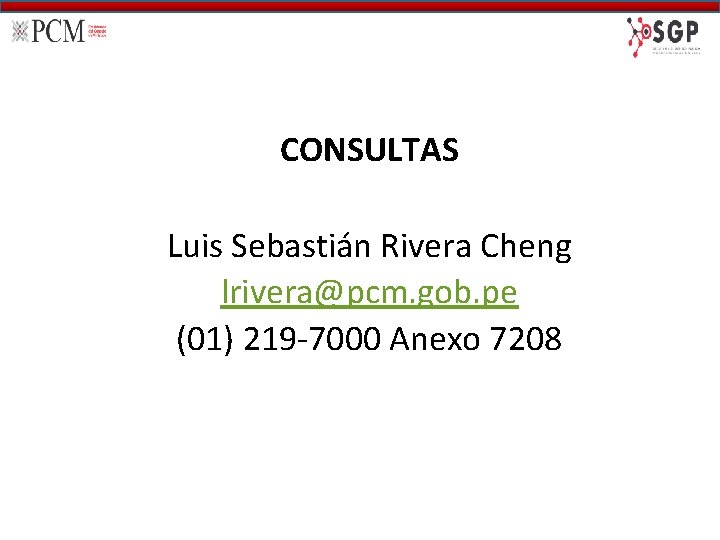 CONSULTAS Luis Sebastián Rivera Cheng lrivera@pcm. gob. pe (01) 219 -7000 Anexo 7208 