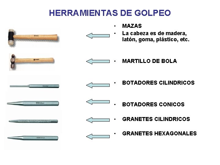 HERRAMIENTAS DE GOLPEO • • MAZAS La cabeza es de madera, latón, goma, plástico,