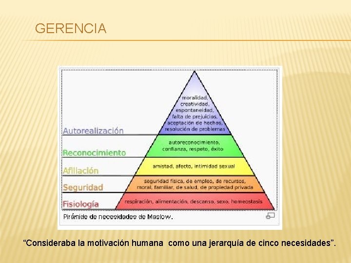 GERENCIA “Consideraba la motivación humana como una jerarquía de cinco necesidades”. 