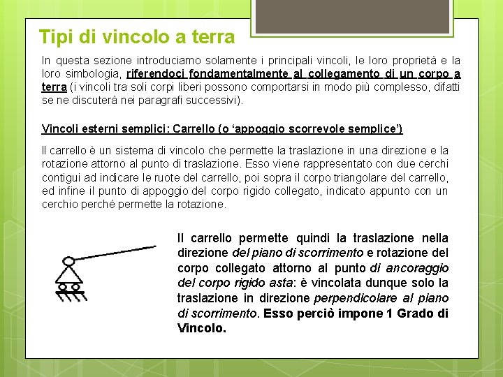 Tipi di vincolo a terra In questa sezione introduciamo solamente i principali vincoli, le Tipi di vincolo a terra In questa sezione introduciamo solamente i principali vincoli, le