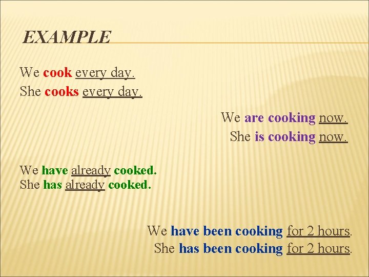 EXAMPLE We cook every day. She cooks every day. We are cooking now. She