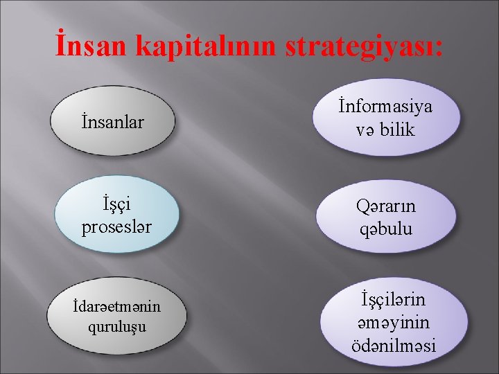 İnsan kapitalının strategiyası: İnsanlar İnformasiya və bilik İşçi proseslər Qərarın qəbulu İdarəetmənin quruluşu İşçilərin