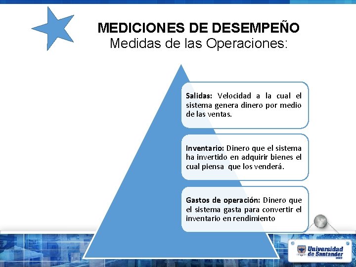 MEDICIONES DE DESEMPEÑO Medidas de las Operaciones: Salidas: Velocidad a la cual el sistema