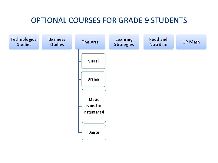 OPTIONAL COURSES FOR GRADE 9 STUDENTS Technological Studies Business Studies The Arts Visual Drama