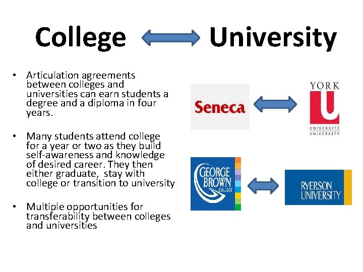 College • Articulation agreements between colleges and universities can earn students a degree and