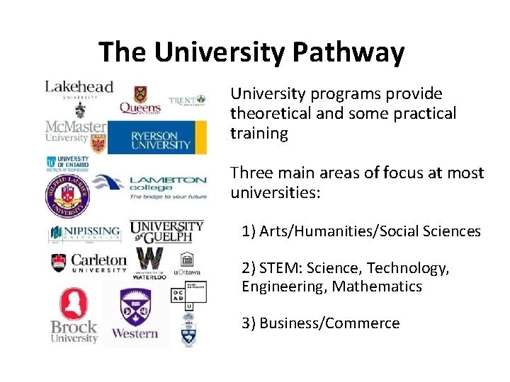 The University Pathway University programs provide theoretical and some practical training Three main areas The University Pathway University programs provide theoretical and some practical training Three main areas