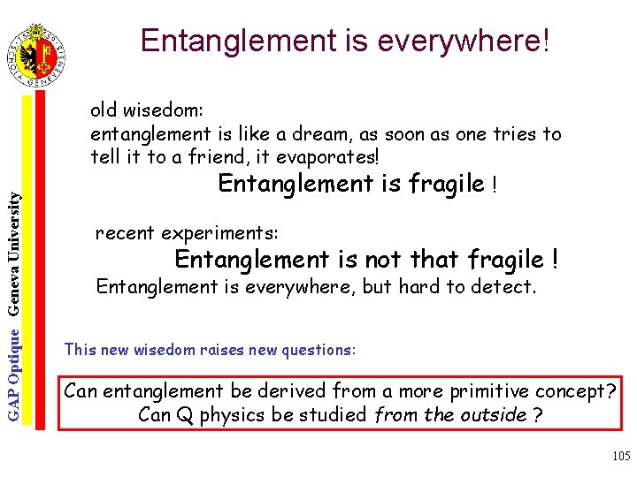 GAP Optique Geneva University Entanglement is everywhere! old wisedom: entanglement is like a dream,