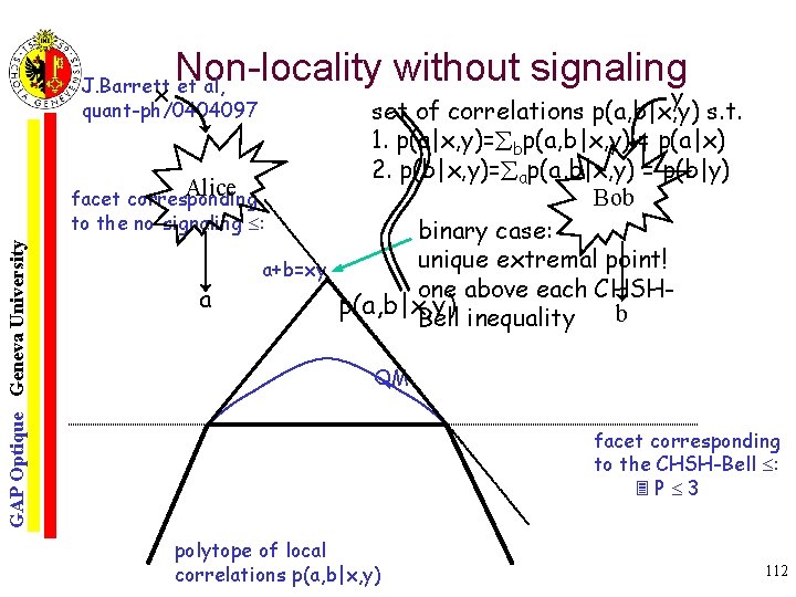 Non-locality without signaling GAP Optique Geneva University J. Barrett x et al, quant-ph/0404097 y