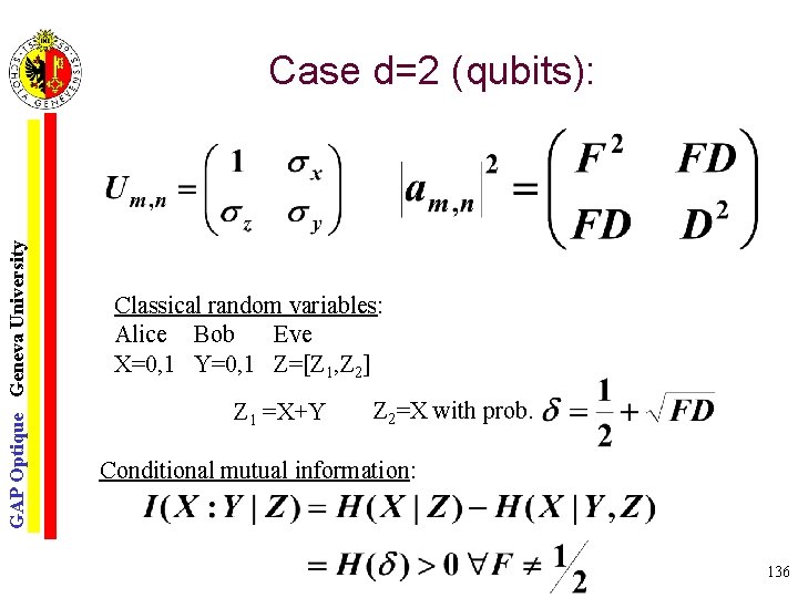 GAP Optique Geneva University Case d=2 (qubits): Classical random variables: Alice Bob Eve X=0,