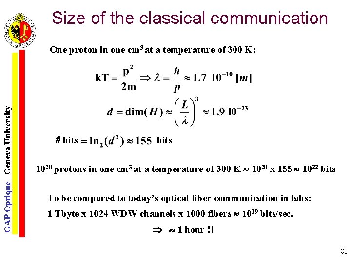 Size of the classical communication GAP Optique Geneva University One proton in one cm