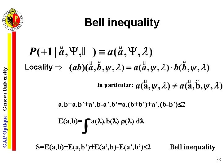 GAP Optique Geneva University Bell inequality Locality In particular: a. b+a. b’+a’. b-a’. b’=a.