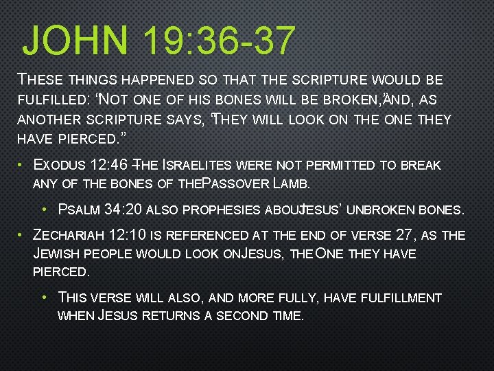 JOHN 19: 36 -37 THESE THINGS HAPPENED SO THAT THE SCRIPTURE WOULD BE FULFILLED: