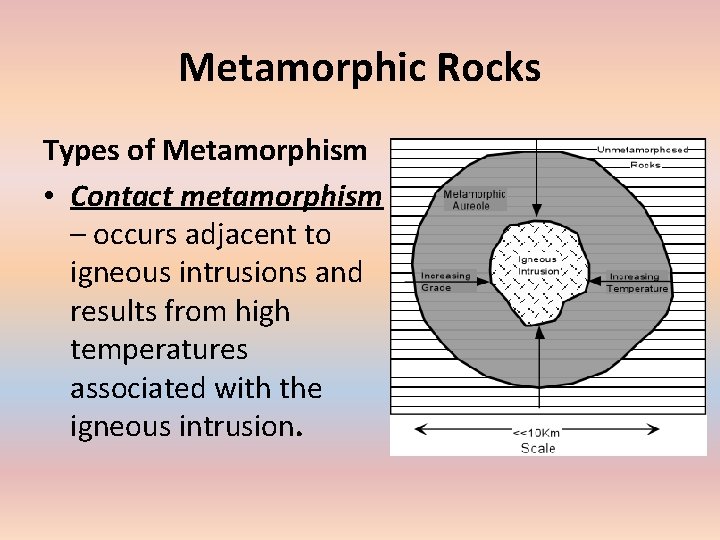 Metamorphic Rocks Types of Metamorphism • Contact metamorphism – occurs adjacent to igneous intrusions