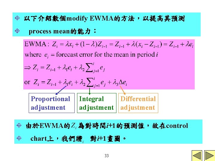 以下介紹數個modify EWMA的方法，以提高其預測 process mean的能力： Proportional adjustment 由於EWMA的 Integral Differential adjustment 為對時間i+1的預測值，故在control chart上，我們將 對i+1畫圖。 33