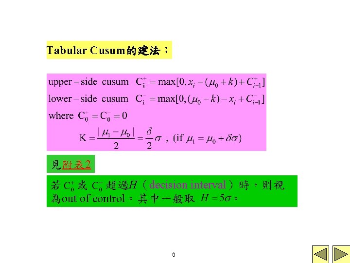 Tabular Cusum的建法： 見附表 2 若 或 超過H（decision interval）時，則視 為out of control。其中一般取 。 6 