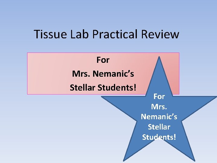 Tissue Lab Practical Review For Mrs. Nemanic’s Stellar Students! 