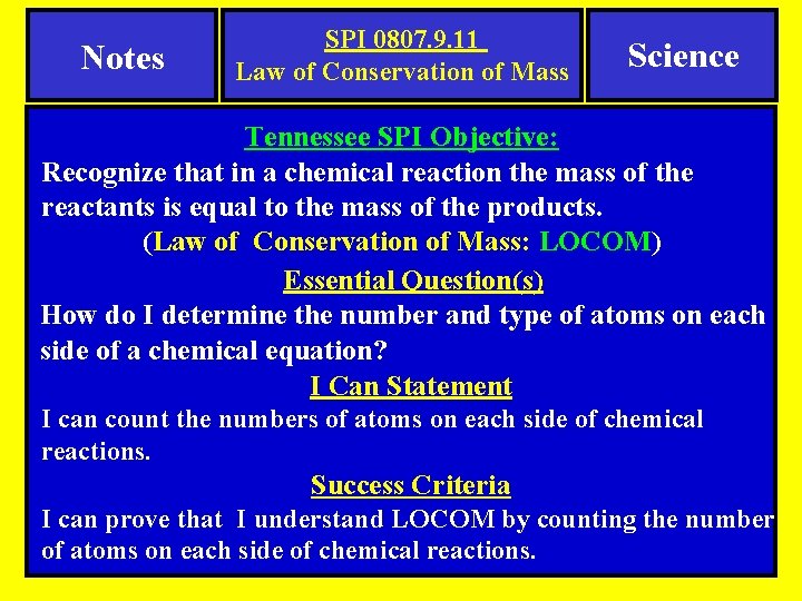 Notes SPI 0807. 9. 11 Law of Conservation of Mass Science Tennessee SPI Objective: