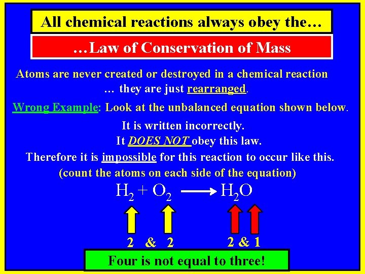 All chemical reactions always obey the… …Law of Conservation of Mass Atoms are never