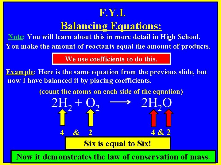 F. Y. I. Balancing Equations: Note: You will learn about this in more detail