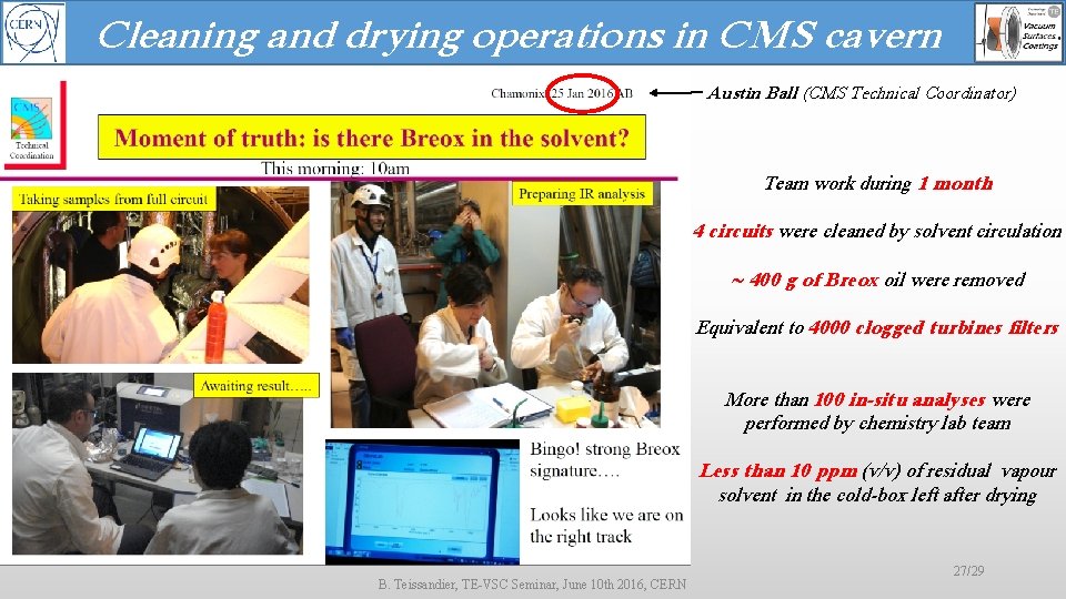 Cleaning and drying operations in CMS cavern Austin Ball (CMS Technical Coordinator) Team work