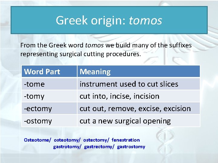 Greek origin: tomos From the Greek word tomos we build many of the suffixes