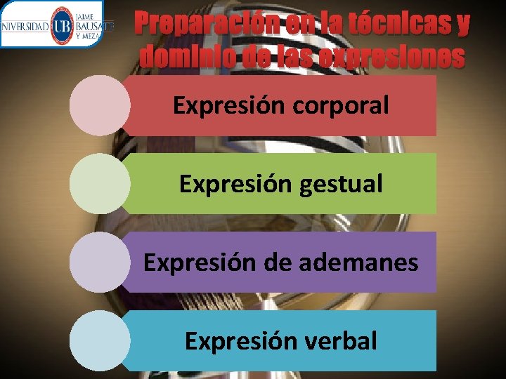 Preparación en la técnicas y dominio de las expresiones Expresión corporal Expresión gestual Expresión