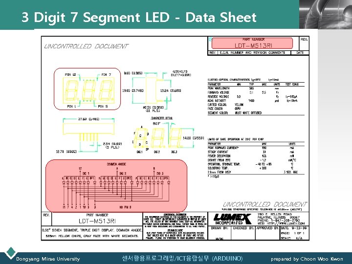 3 Digit 7 Segment LED - Data Sheet Dongyang Mirae University 센서활용프로그래밍/ICT융합실무 (ARDUINO) LOGO