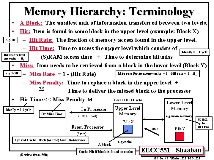 Memory Hierarchy: Terminology • A Block: The smallest unit of information transferred between two