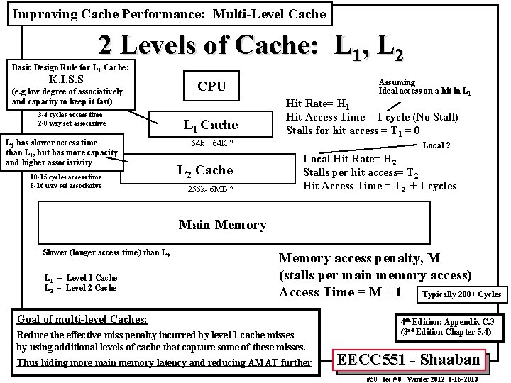 Improving Cache Performance: Multi-Level Cache 2 Levels of Cache: L 1, L 2 Basic