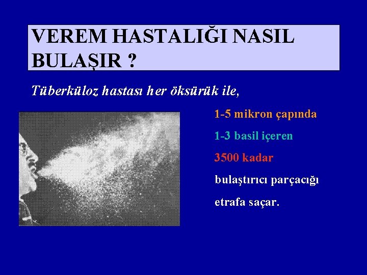 VEREM HASTALIĞI NASIL BULAŞIR ? Tüberküloz hastası her öksürük ile, 1 -5 mikron çapında