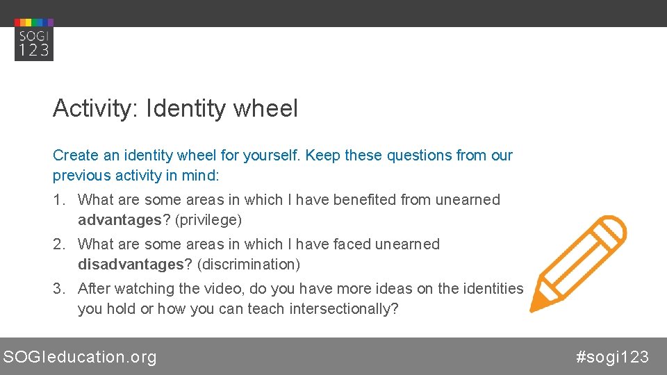 Activity: Identity wheel Create an identity wheel for yourself. Keep these questions from our
