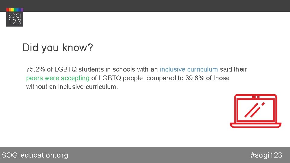 Did you know? 75. 2% of LGBTQ students in schools with an inclusive curriculum