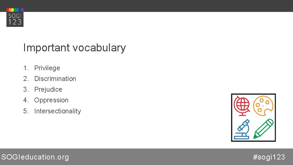 Important vocabulary 1. Privilege 2. Discrimination 3. Prejudice 4. Oppression 5. Intersectionality SOGIeducation. org