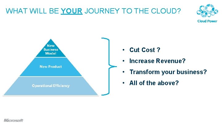 WHAT WILL BE YOUR JOURNEY TO THE CLOUD? • Cut Cost ? • Increase WHAT WILL BE YOUR JOURNEY TO THE CLOUD? • Cut Cost ? • Increase