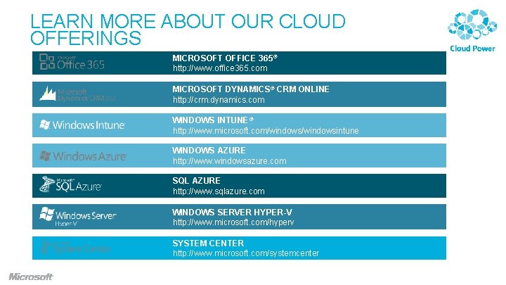 LEARN MORE ABOUT OUR CLOUD OFFERINGS MICROSOFT OFFICE 365® http: //www. office 365. com LEARN MORE ABOUT OUR CLOUD OFFERINGS MICROSOFT OFFICE 365® http: //www. office 365. com