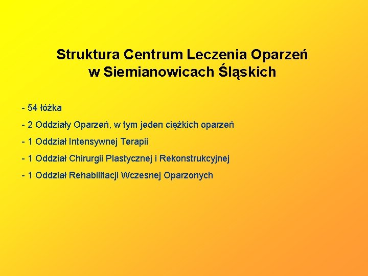 Struktura Centrum Leczenia Oparzeń w Siemianowicach Śląskich - 54 łóżka - 2 Oddziały Oparzeń,