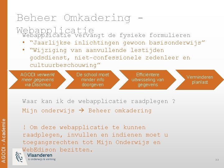 Beheer Omkadering - Webapplicatie vervangt de fysieke formulieren • “Jaarlijkse inlichtingen gewoon basisonderwijs” •