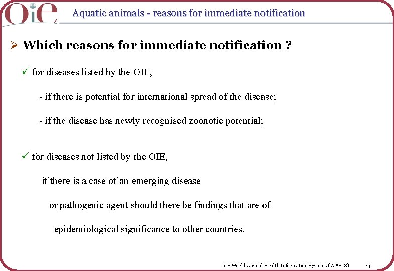 Aquatic animals - reasons for immediate notification Ø Which reasons for immediate notification ?