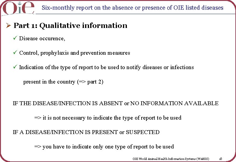 Six-monthly report on the absence or presence of OIE listed diseases Ø Part 1: